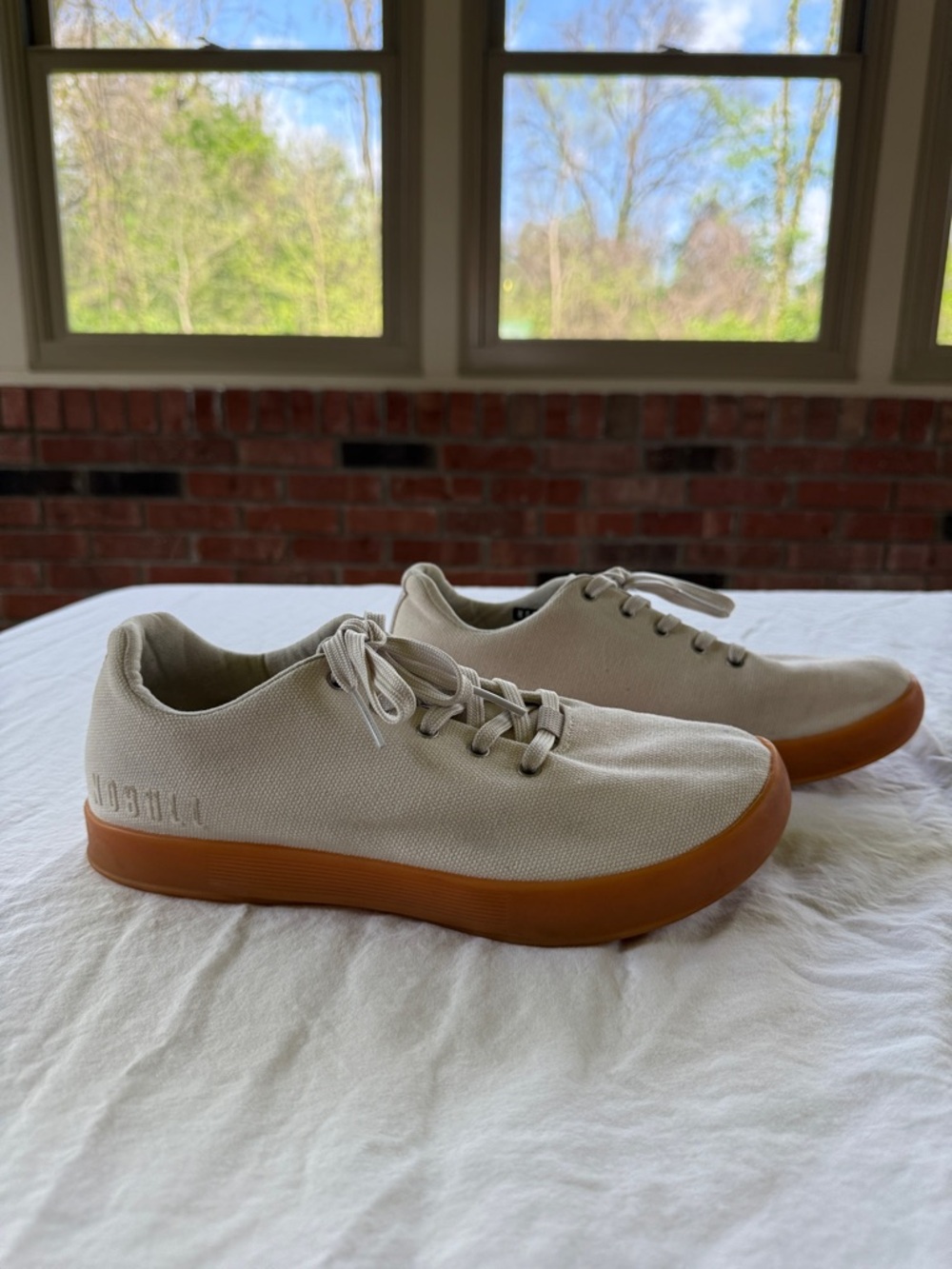 NOBULL Cream Canvas Athletic Shoes with Brown Gum Sole